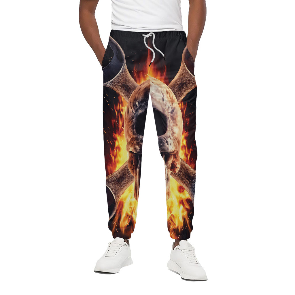 Flaming Skull And Cross Wrench Print Cotton Pants