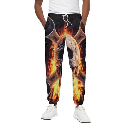 Flaming Skull And Cross Wrench Print Cotton Pants