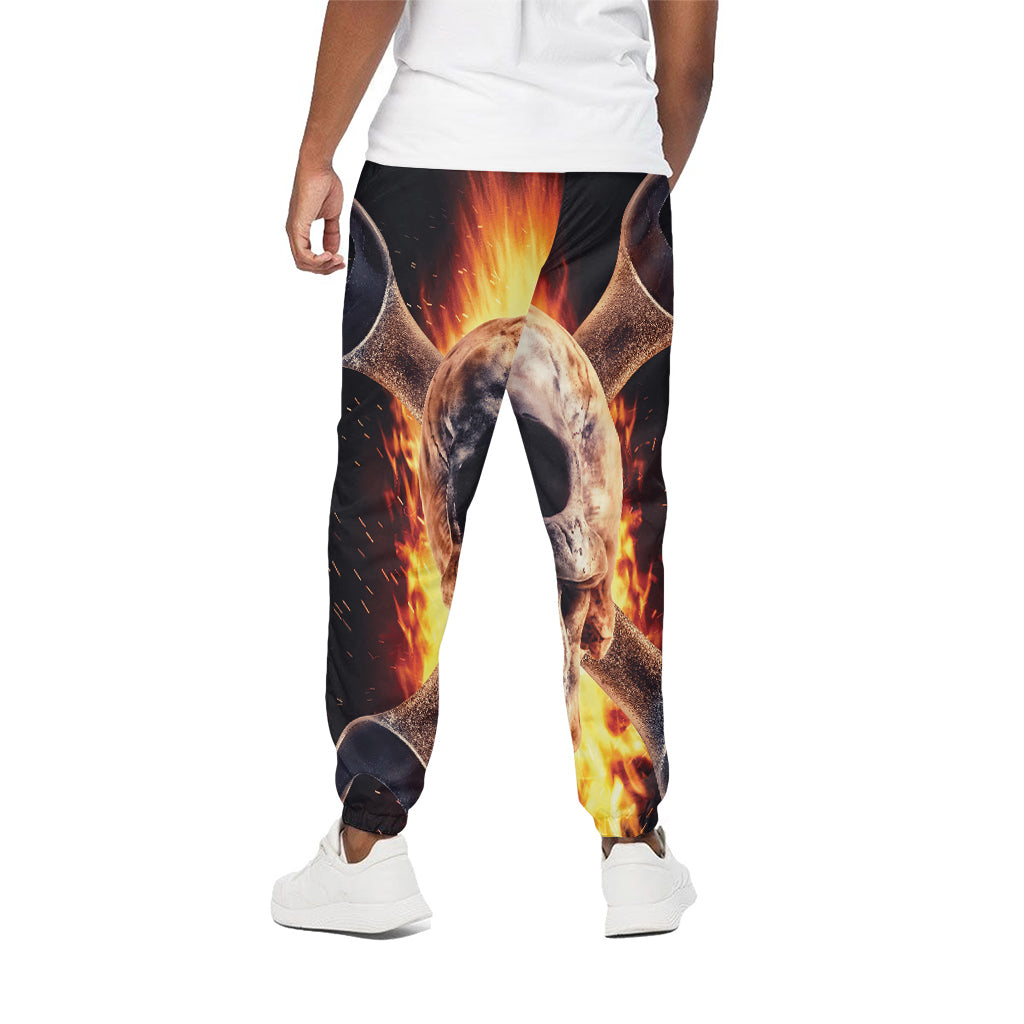 Flaming Skull And Cross Wrench Print Cotton Pants