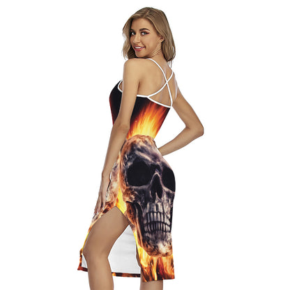 Flaming Skull And Cross Wrench Print Cross Back Cami Dress