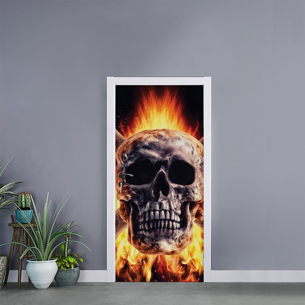 Flaming Skull And Cross Wrench Print Door Sticker