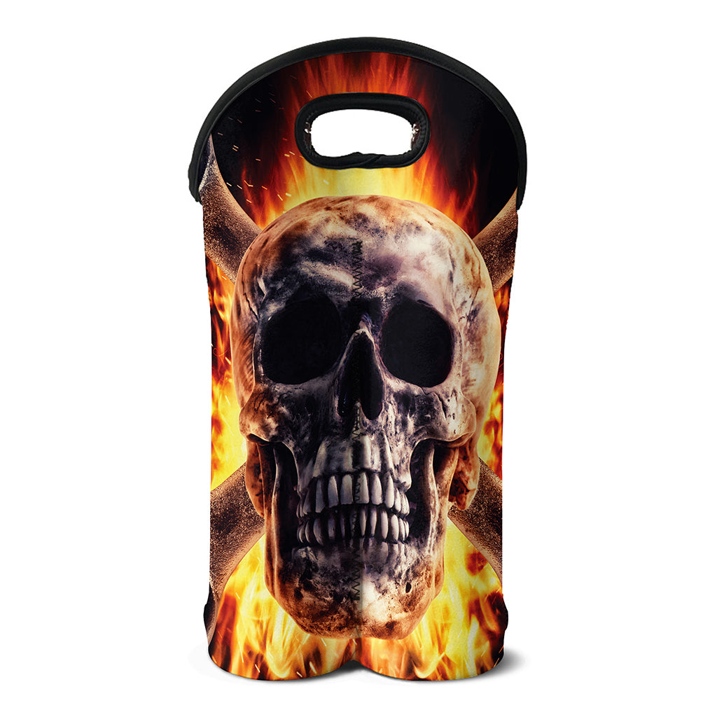 Flaming Skull And Cross Wrench Print Double Neoprene Wine Tote