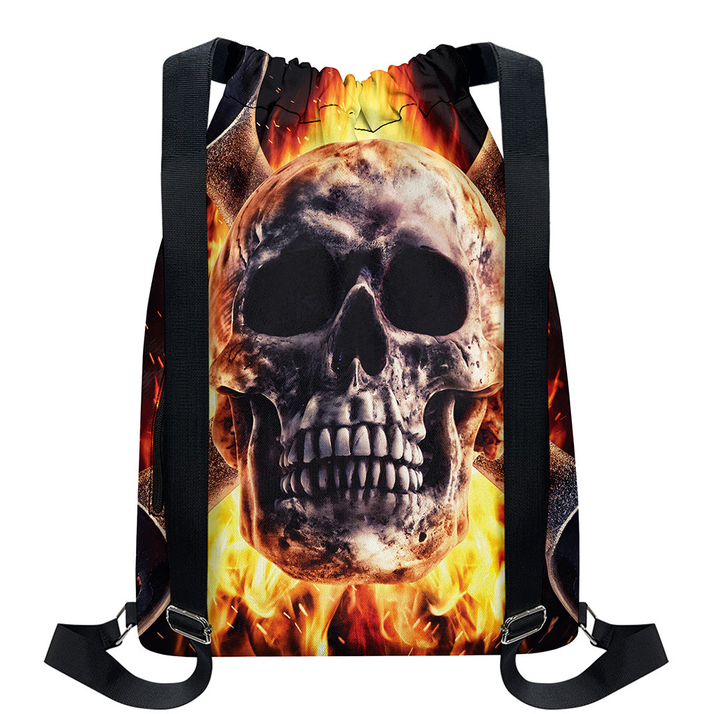 Flaming Skull And Cross Wrench Print Drawstring Backpack