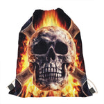 Flaming Skull And Cross Wrench Print Drawstring Bag