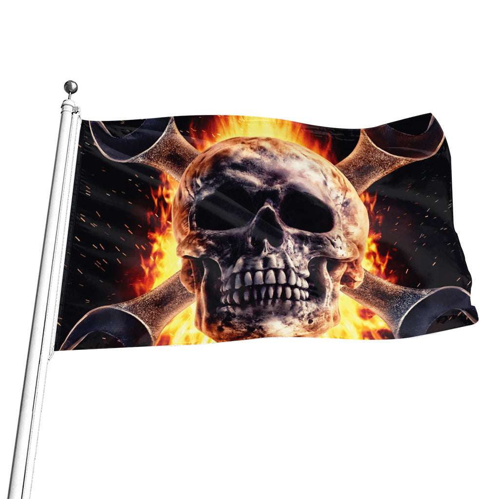 Flaming Skull And Cross Wrench Print Flag