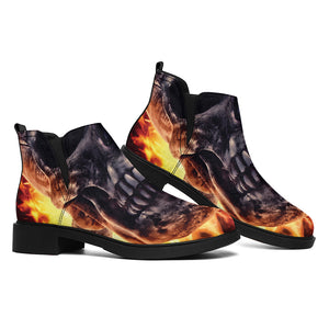 Flaming Skull And Cross Wrench Print Flat Ankle Boots