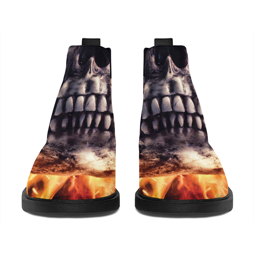 Flaming Skull And Cross Wrench Print Flat Ankle Boots