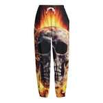 Flaming Skull And Cross Wrench Print Fleece Lined Knit Pants