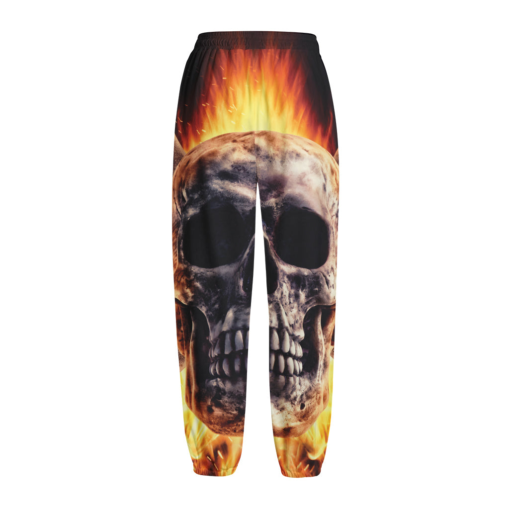 Flaming Skull And Cross Wrench Print Fleece Lined Knit Pants