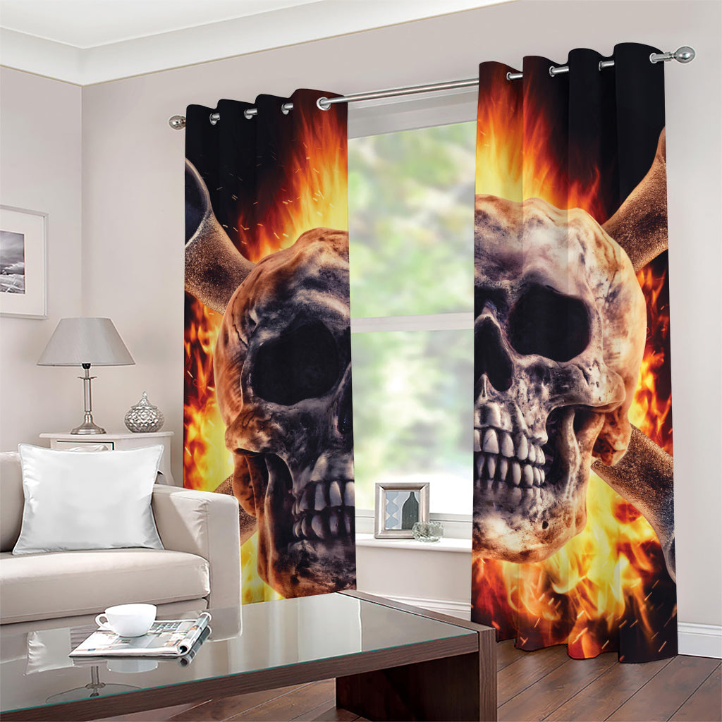 Flaming Skull And Cross Wrench Print Grommet Curtains