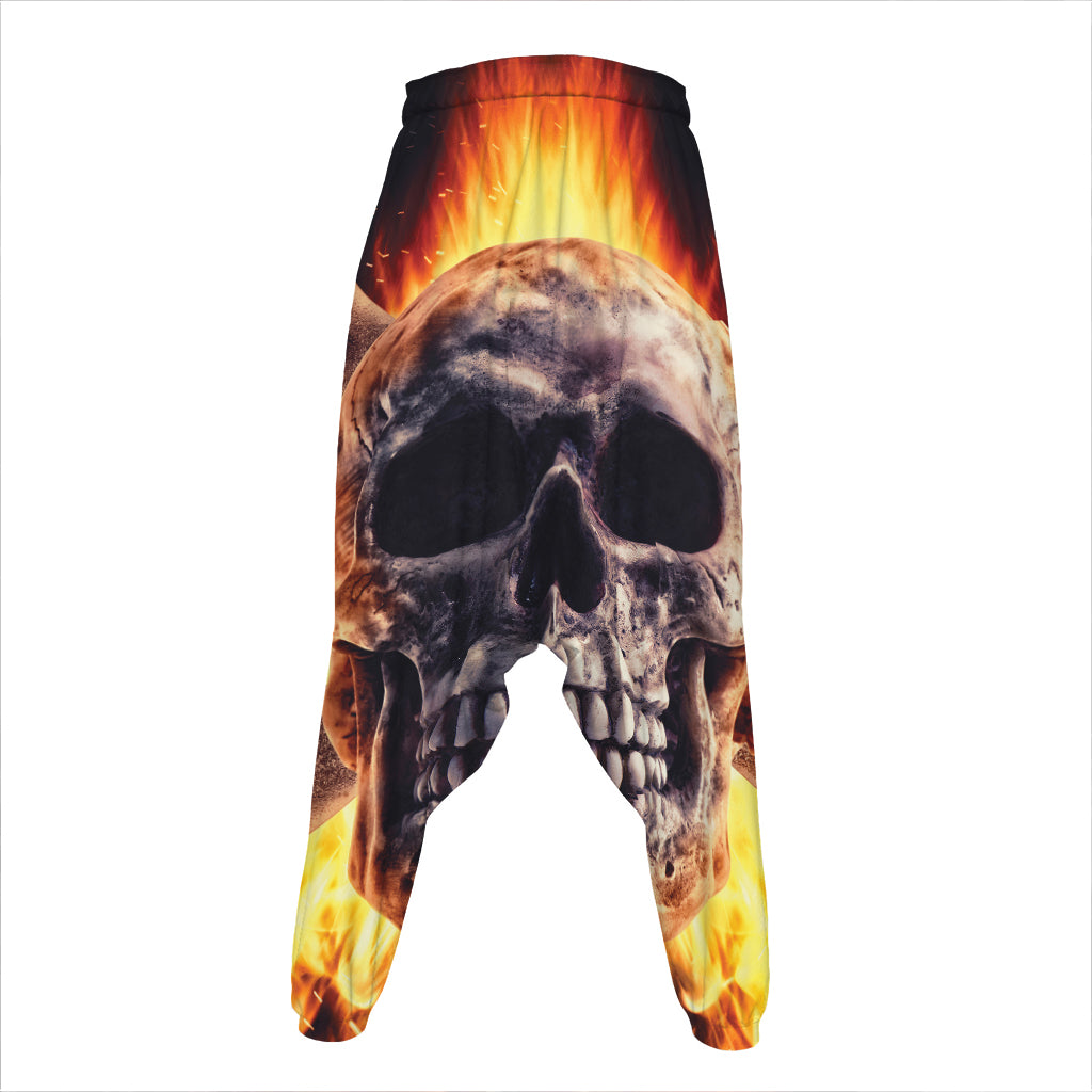 Flaming Skull And Cross Wrench Print Hammer Pants