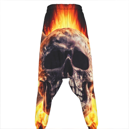 Flaming Skull And Cross Wrench Print Hammer Pants