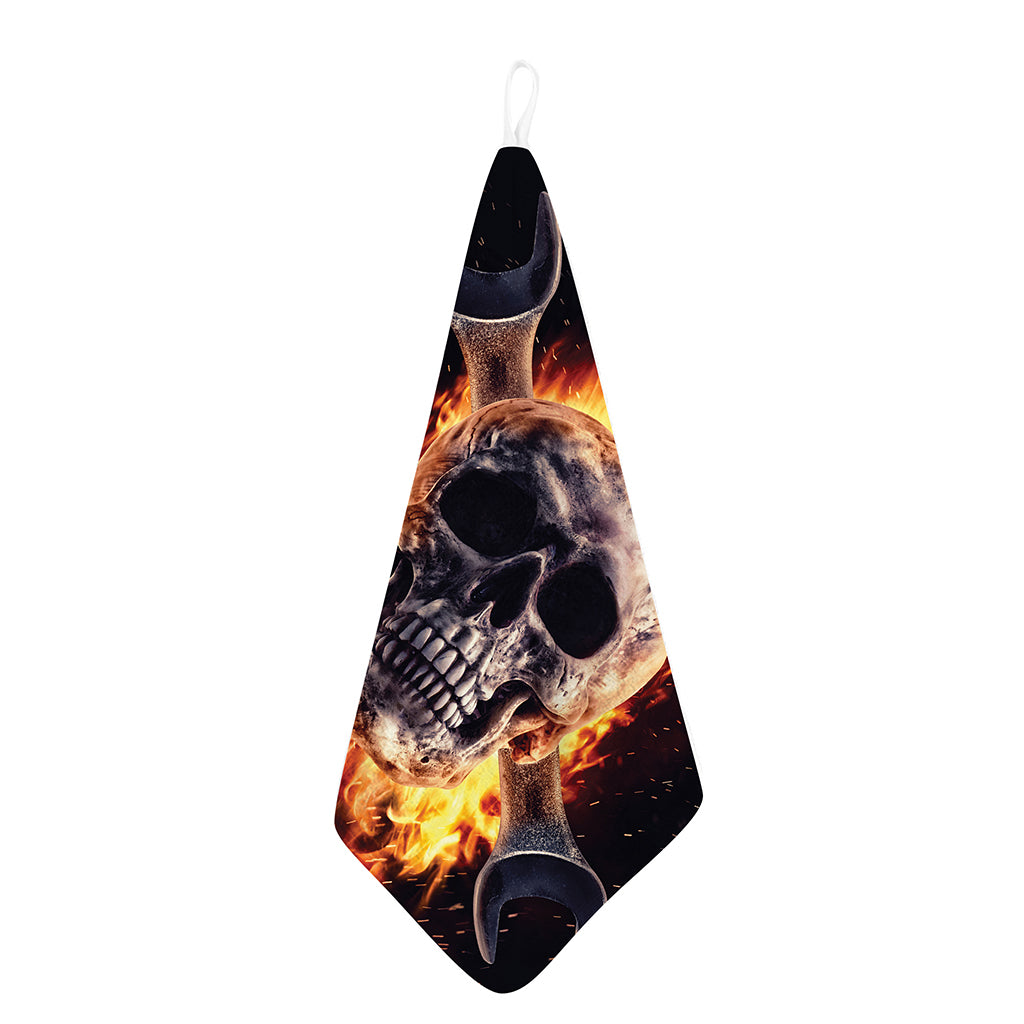 Flaming Skull And Cross Wrench Print Hand Towel