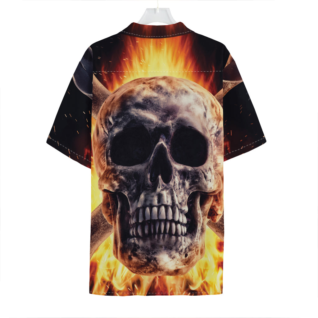 Flaming Skull And Cross Wrench Print Hawaiian Shirt