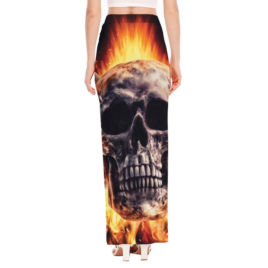 Flaming Skull And Cross Wrench Print High Slit Maxi Skirt