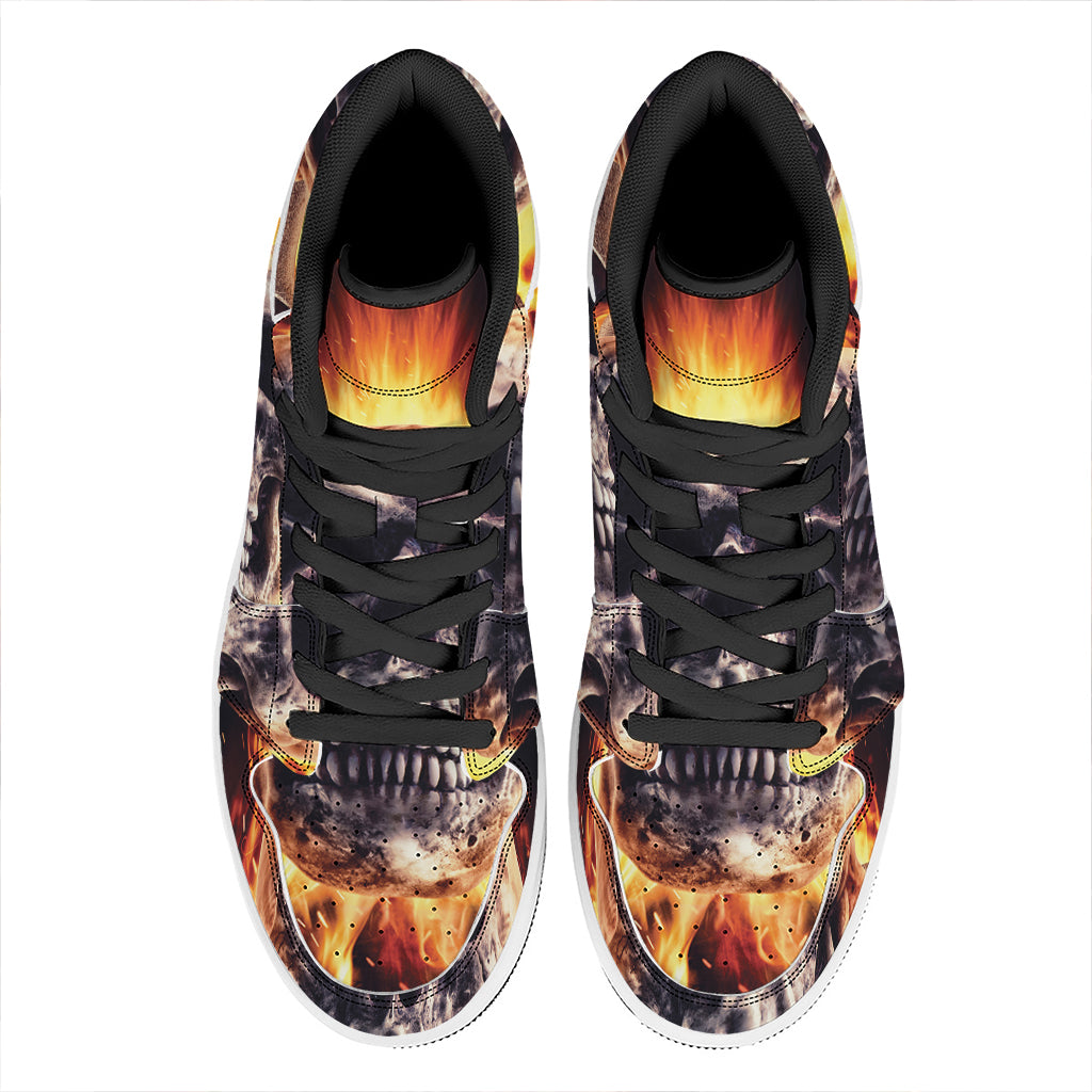 Flaming Skull And Cross Wrench Print High Top Leather Sneakers