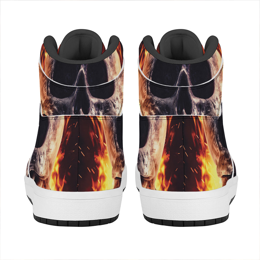 Flaming Skull And Cross Wrench Print High Top Leather Sneakers