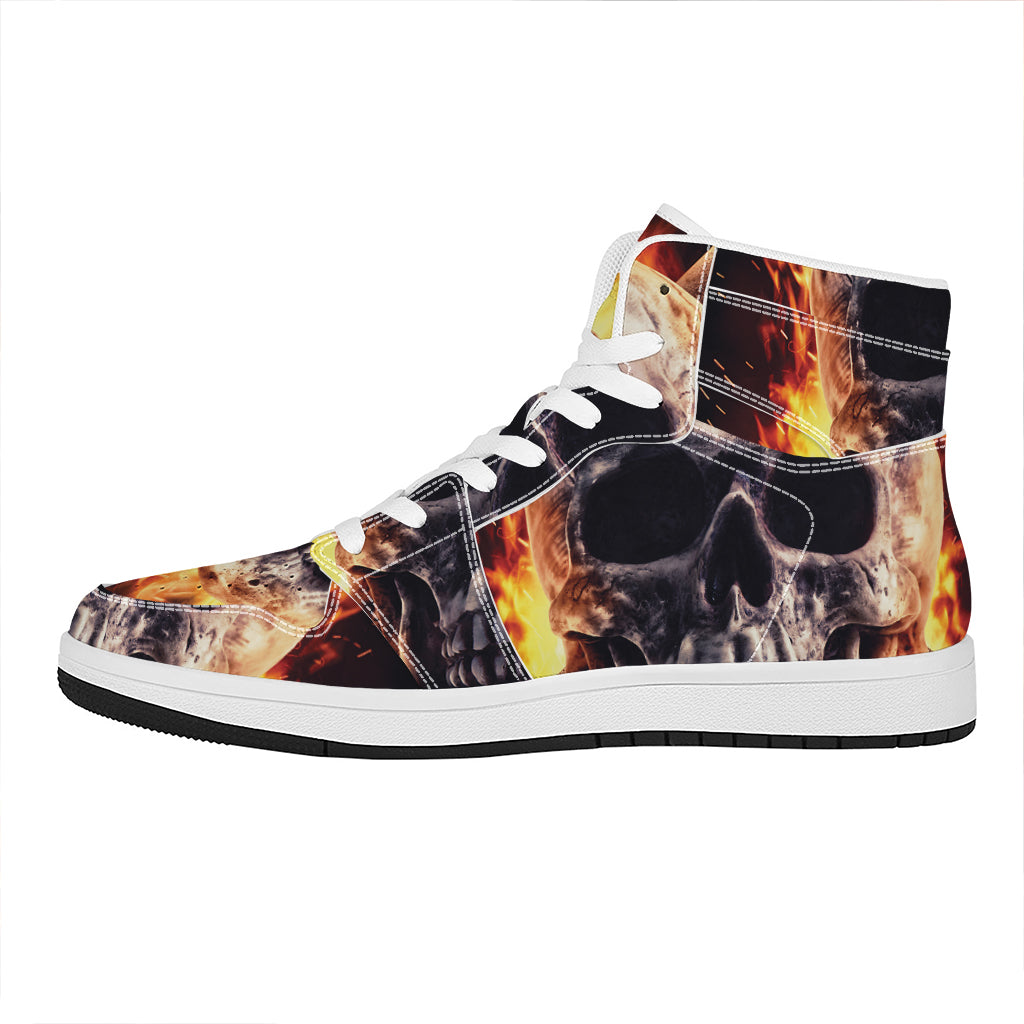 Flaming Skull And Cross Wrench Print High Top Leather Sneakers