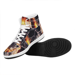 Flaming Skull And Cross Wrench Print High Top Leather Sneakers