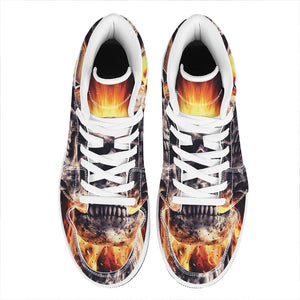 Flaming Skull And Cross Wrench Print High Top Leather Sneakers