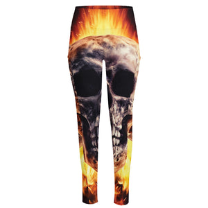 Flaming Skull And Cross Wrench Print High-Waisted Pocket Leggings