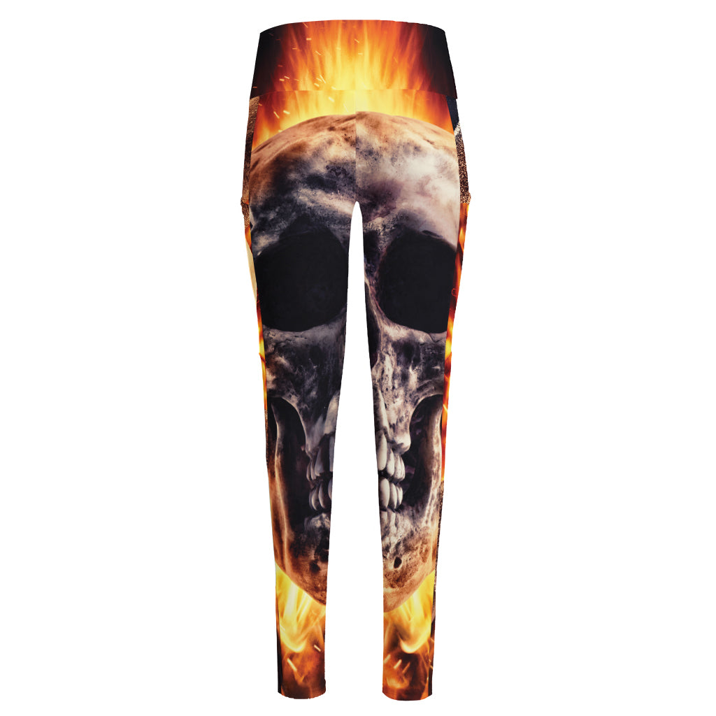 Flaming Skull And Cross Wrench Print High-Waisted Pocket Leggings