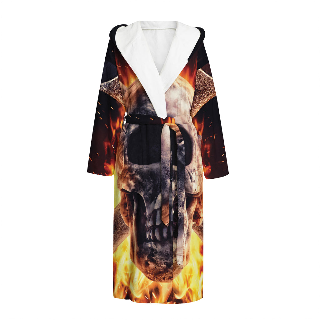 Flaming Skull And Cross Wrench Print Hooded Bathrobe