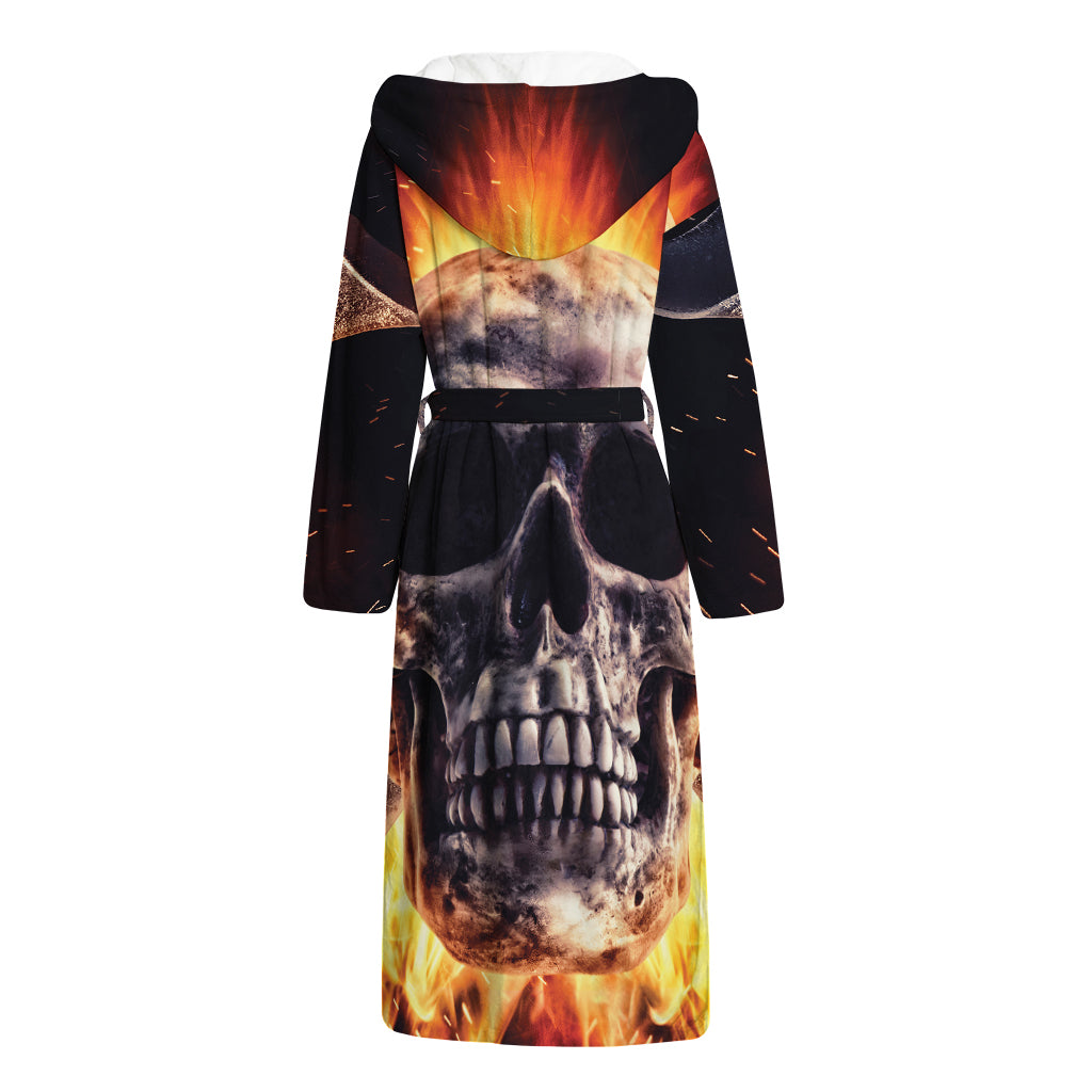 Flaming Skull And Cross Wrench Print Hooded Bathrobe