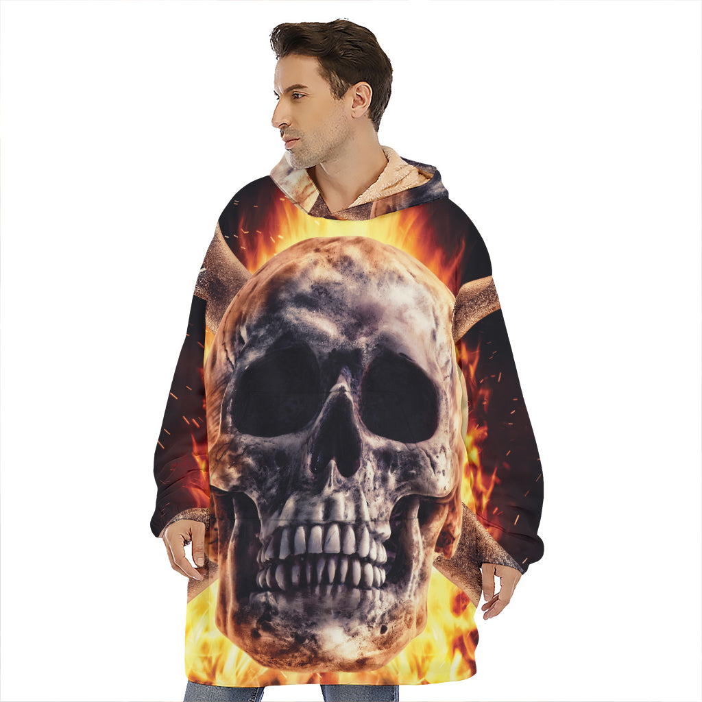 Flaming Skull And Cross Wrench Print Hoodie Blanket
