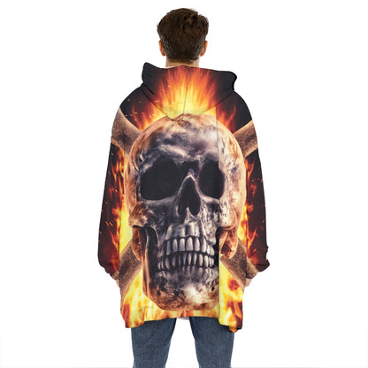 Flaming Skull And Cross Wrench Print Hoodie Blanket