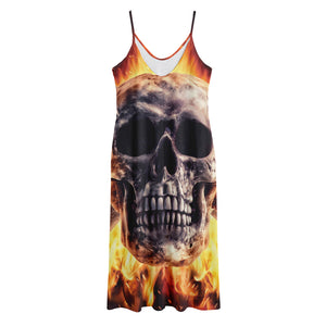 Flaming Skull And Cross Wrench Print Jersey Midi Cami Dress