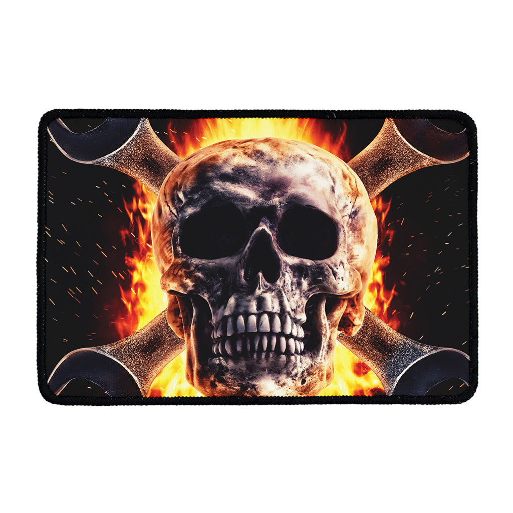 Flaming Skull And Cross Wrench Print Kitchen Mat