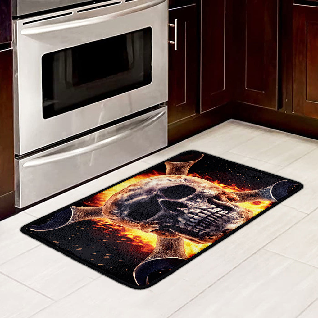 Flaming Skull And Cross Wrench Print Kitchen Mat