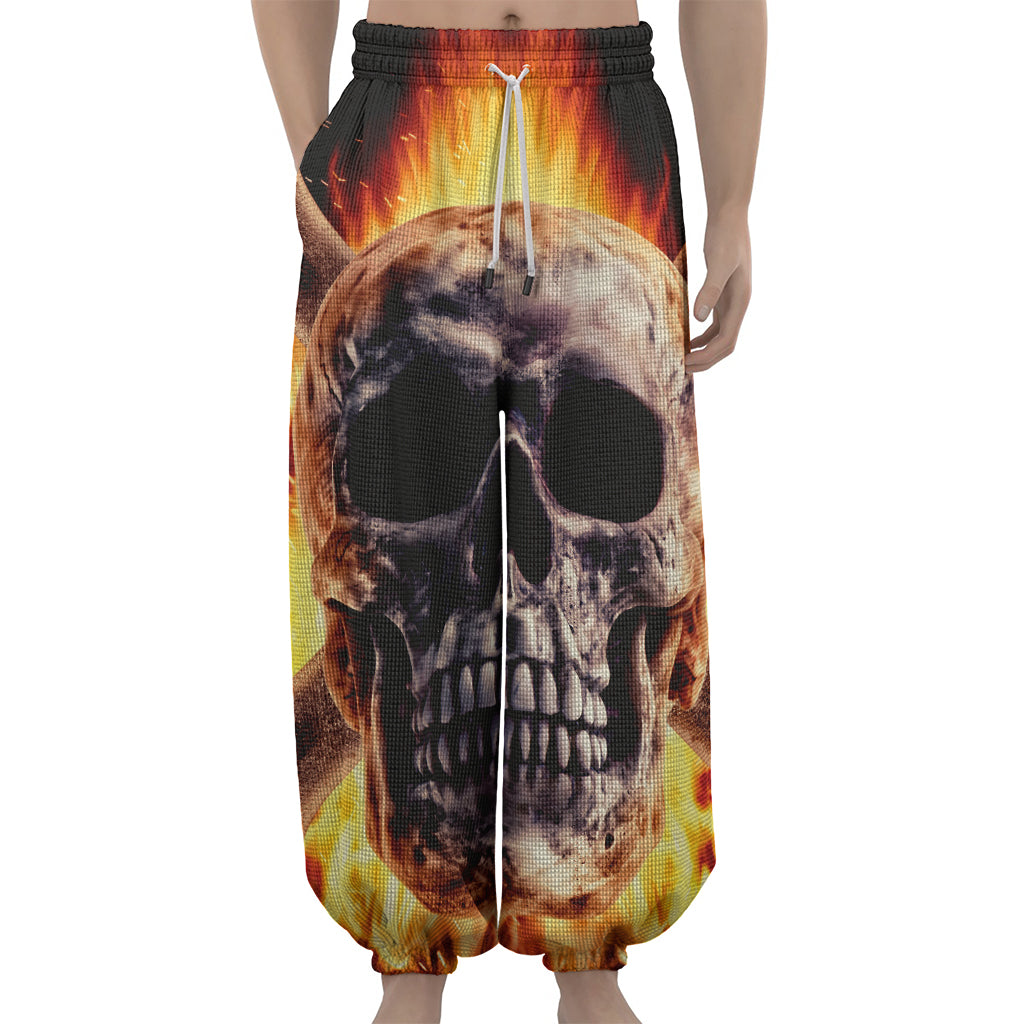 Flaming Skull And Cross Wrench Print Lantern Pants
