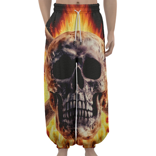 Flaming Skull And Cross Wrench Print Lantern Pants