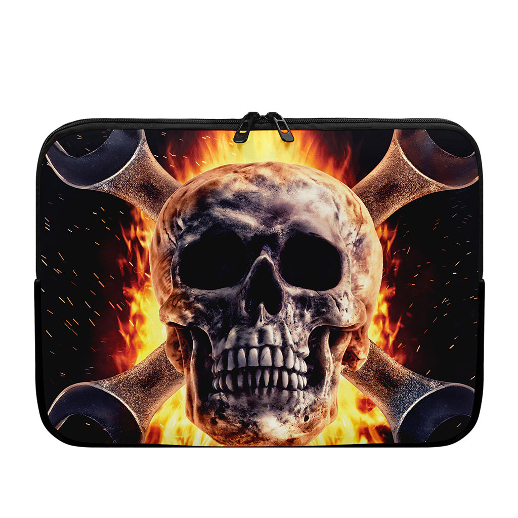 Flaming Skull And Cross Wrench Print Laptop Sleeve