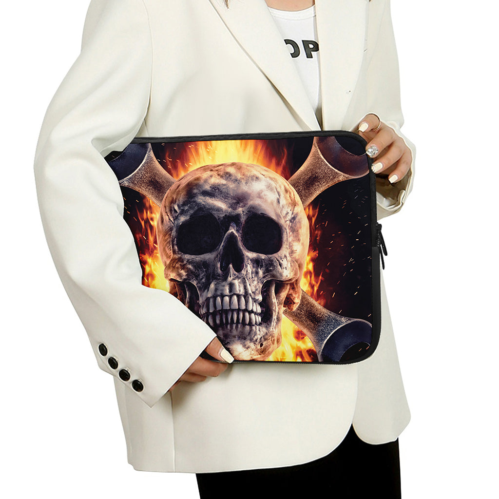 Flaming Skull And Cross Wrench Print Laptop Sleeve