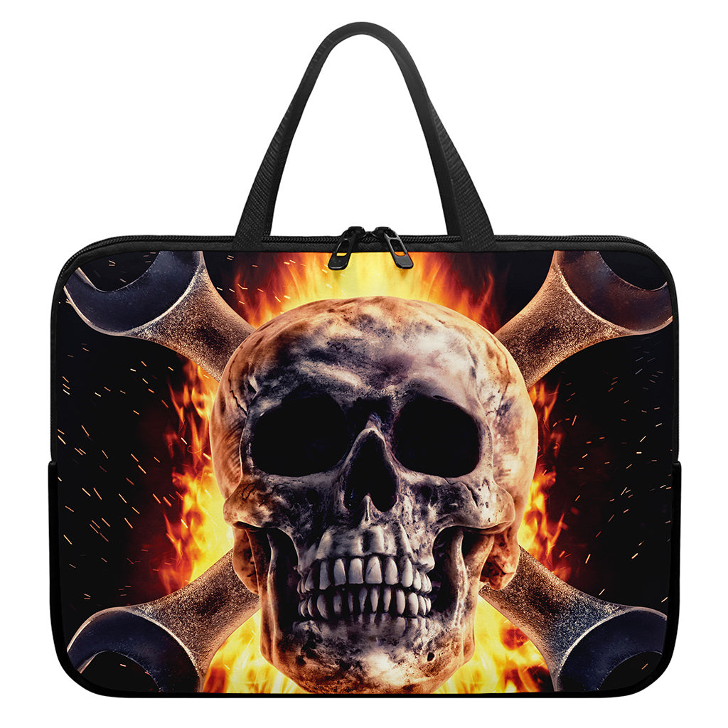 Flaming Skull And Cross Wrench Print Laptop Sleeve With Handle