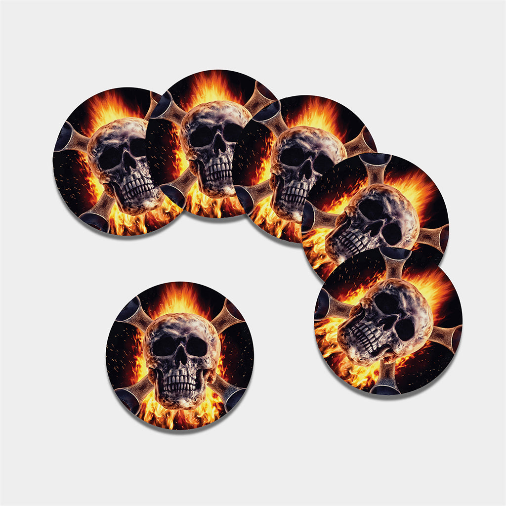Flaming Skull And Cross Wrench Print Leather Coaster Set