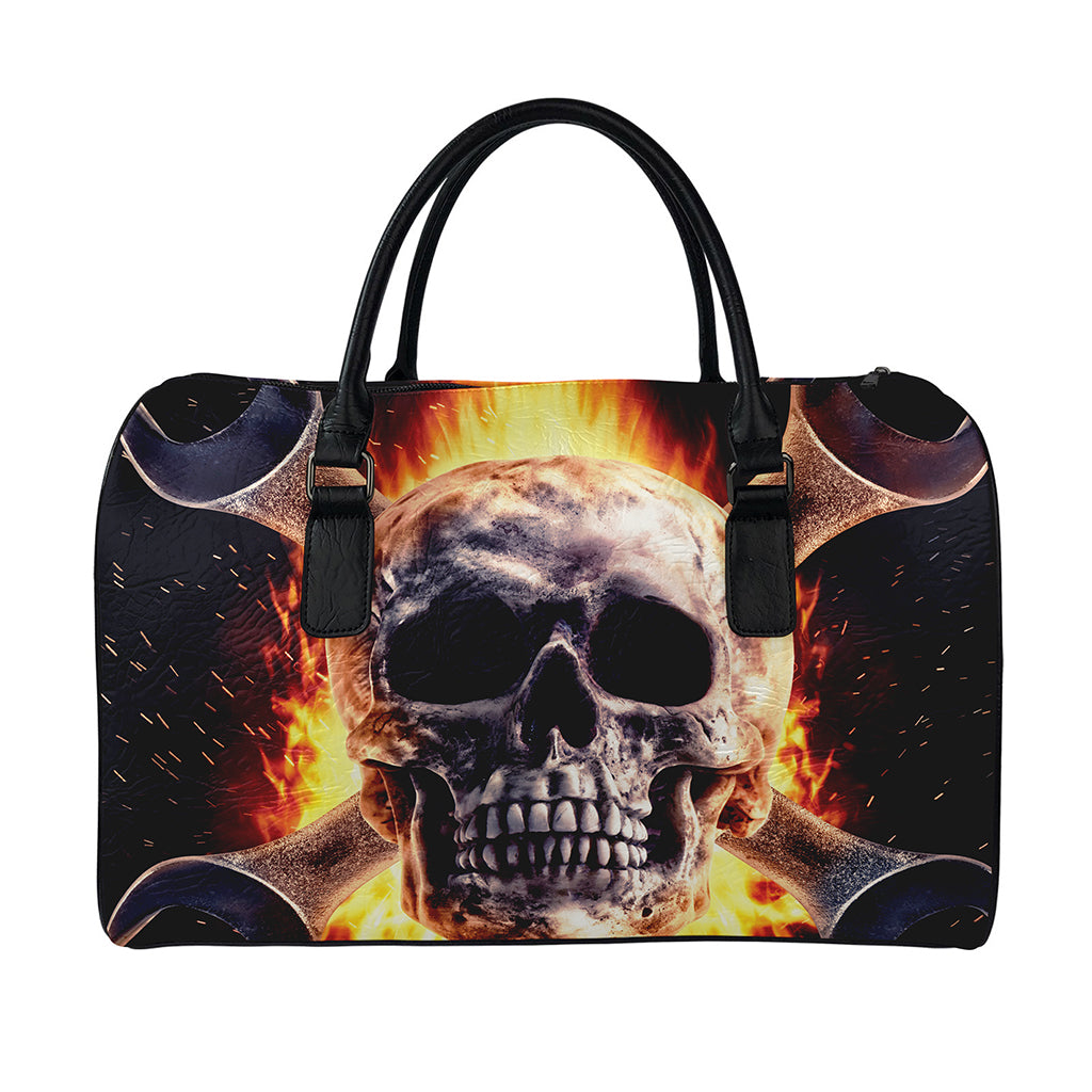 Flaming Skull And Cross Wrench Print Leather Duffle Bag