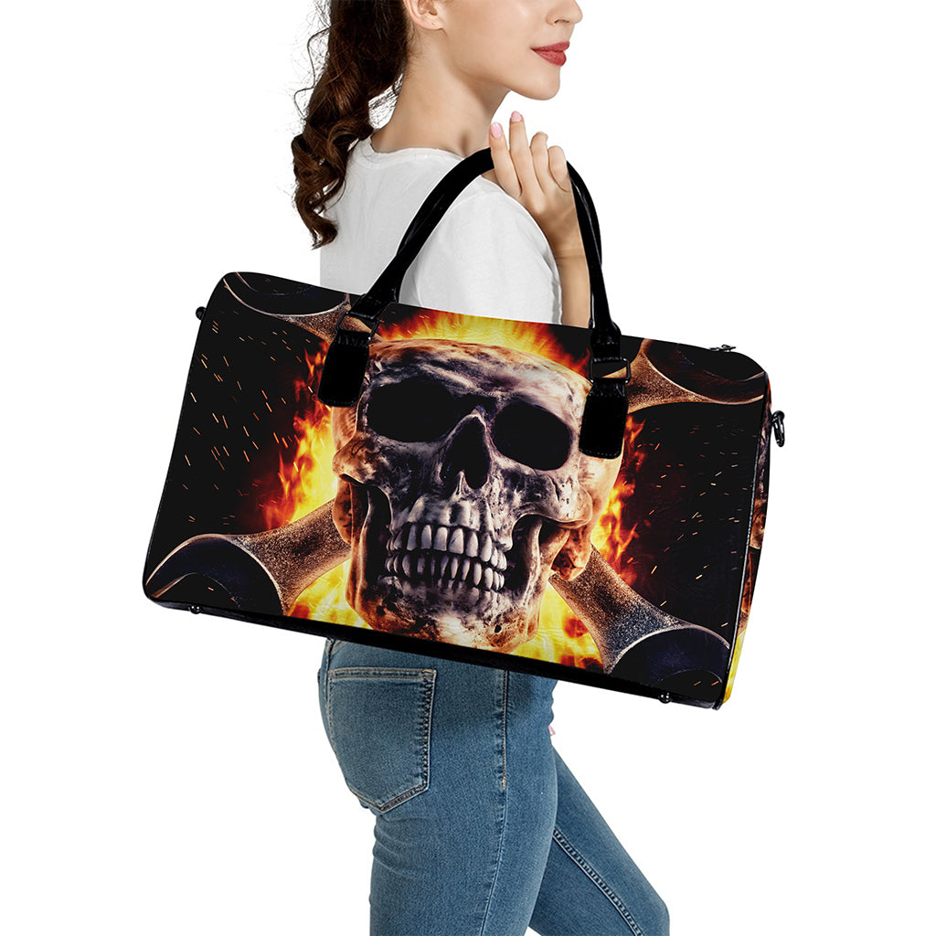 Flaming Skull And Cross Wrench Print Leather Duffle Bag
