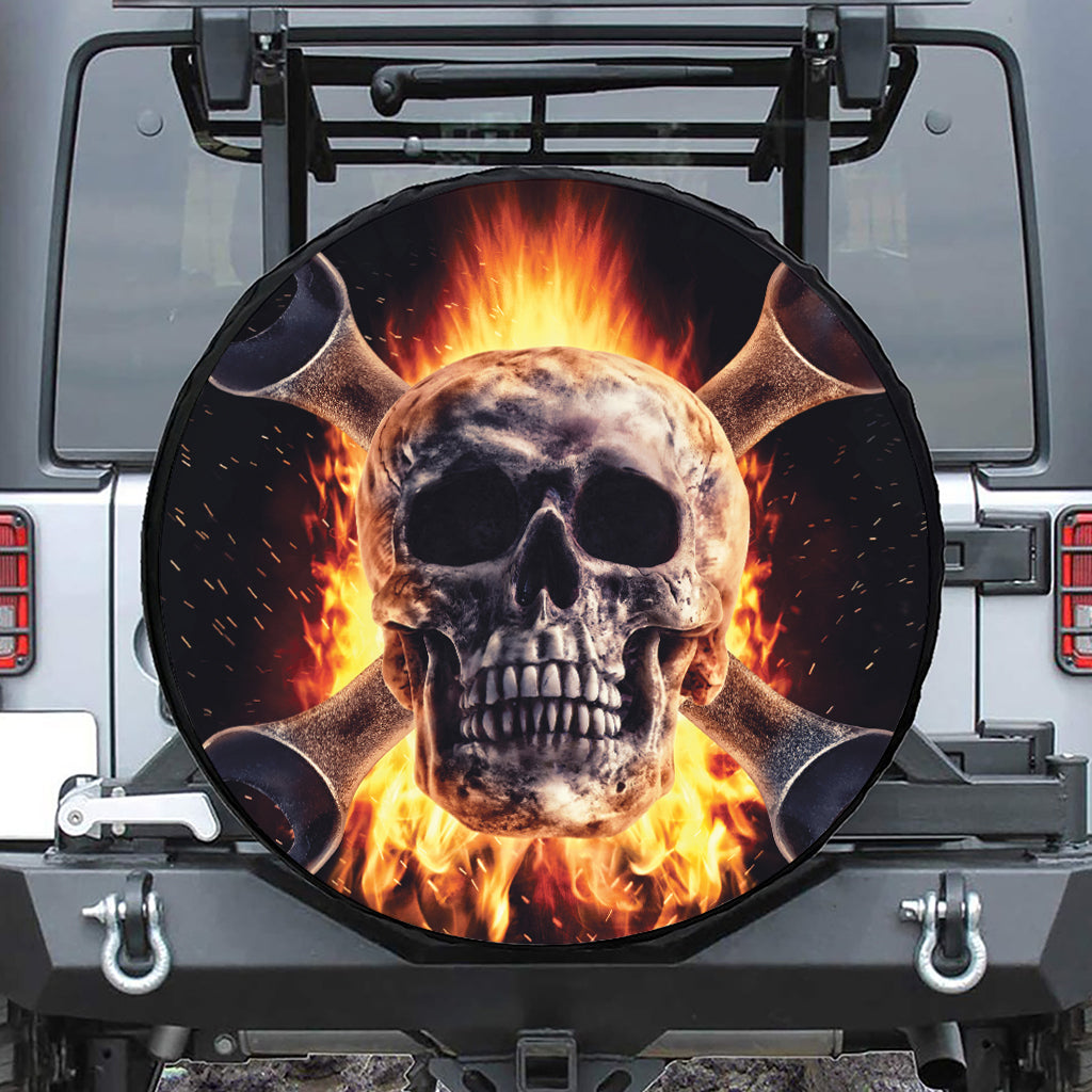 Flaming Skull And Cross Wrench Print Leather Spare Tire Cover