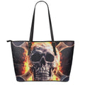 Flaming Skull And Cross Wrench Print Leather Tote Bag With Zipper