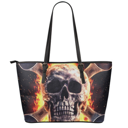 Flaming Skull And Cross Wrench Print Leather Tote Bag