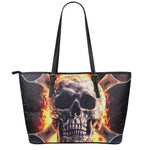 Flaming Skull And Cross Wrench Print Leather Tote Bag