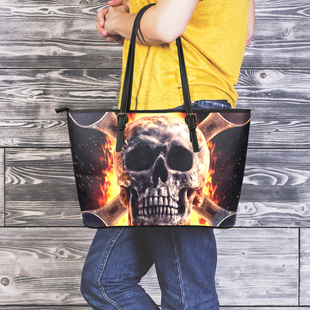 Flaming Skull And Cross Wrench Print Leather Tote Bag