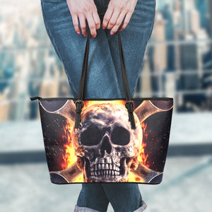 Flaming Skull And Cross Wrench Print Leather Tote Bag