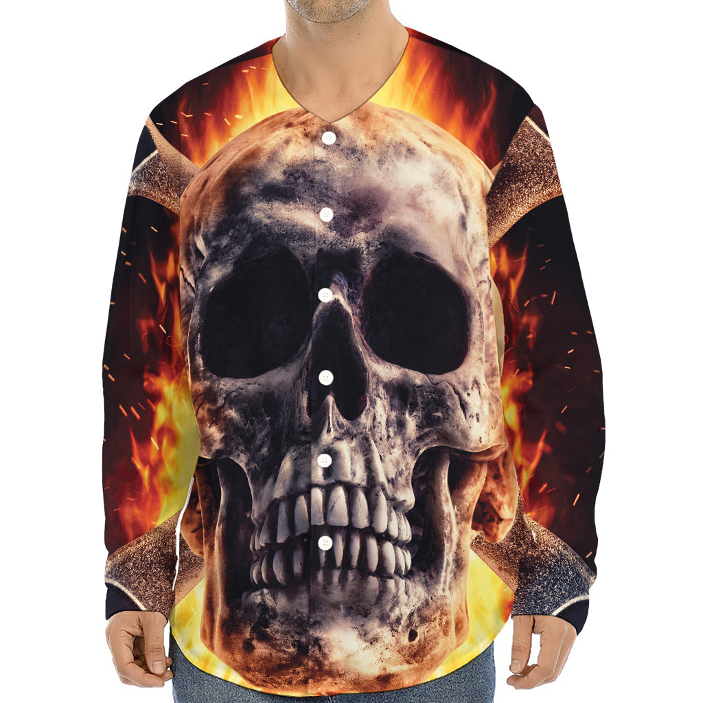 Flaming Skull And Cross Wrench Print Long Sleeve Baseball Jersey