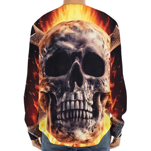 Flaming Skull And Cross Wrench Print Long Sleeve Baseball Jersey