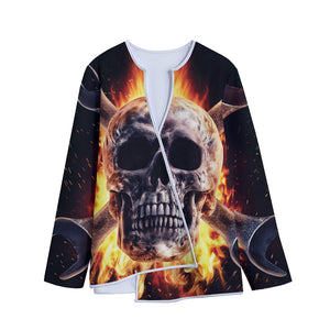 Flaming Skull And Cross Wrench Print Long Sleeve Short Coat